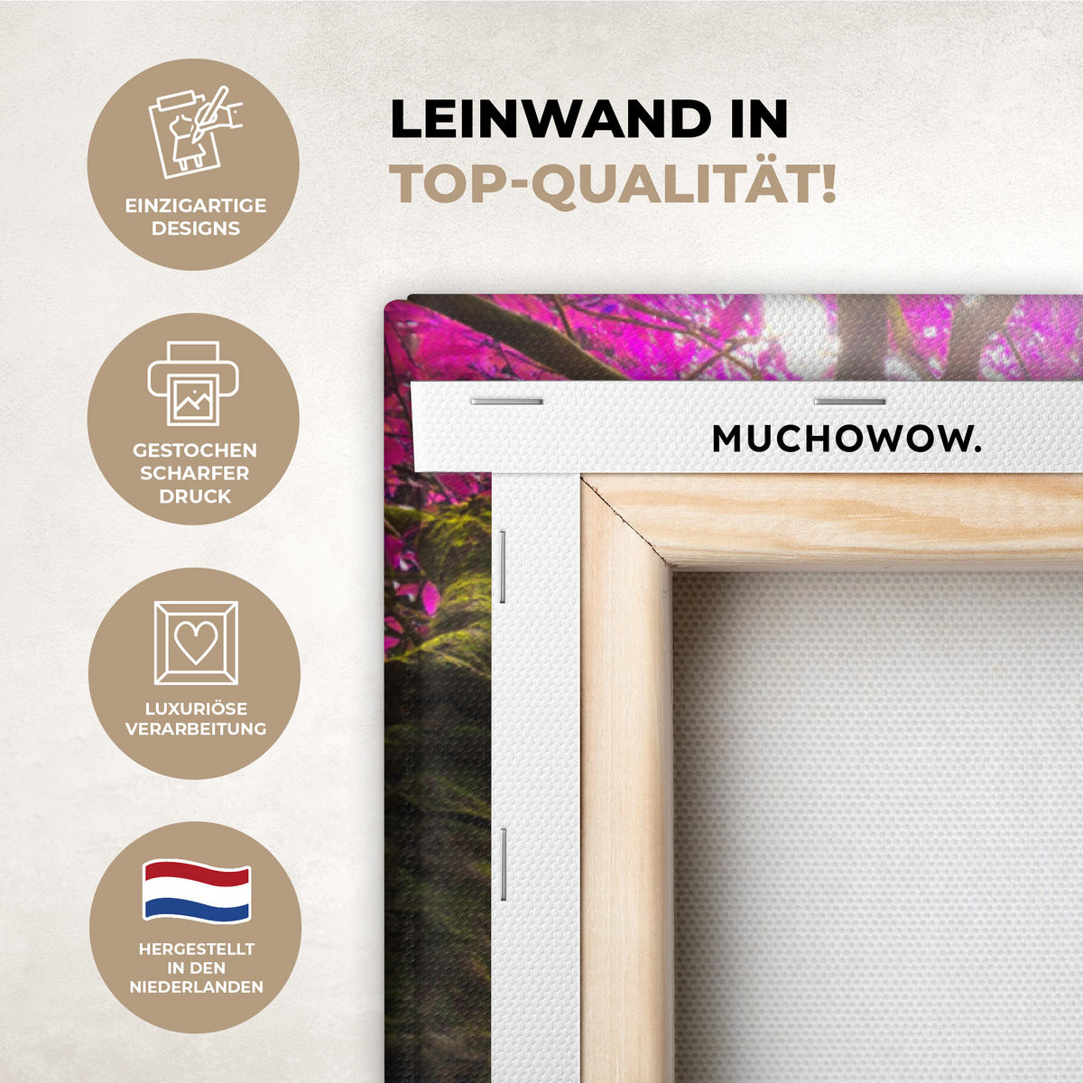 LEINWANDBILD Wasserfall mit bunten Blumen und Bäumen - Natur - Dschungel Deko Groß 90x90 cm - Waldgrün, Textil (90/90cm) - MuchoWow