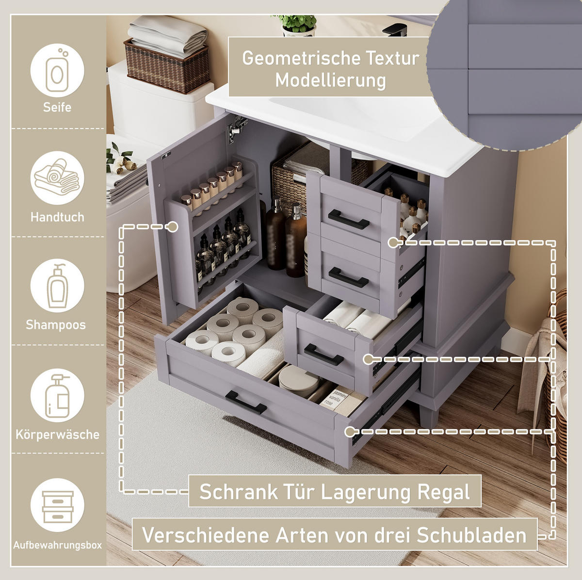 WASCHTISCHKOMBI 76/46/83,5 cm Grau aus Keramik und MDF mit integriertem Keramikwaschbecken - Grau, Holzwerkstoff (76/83.5/46cm) - OKMYHOME