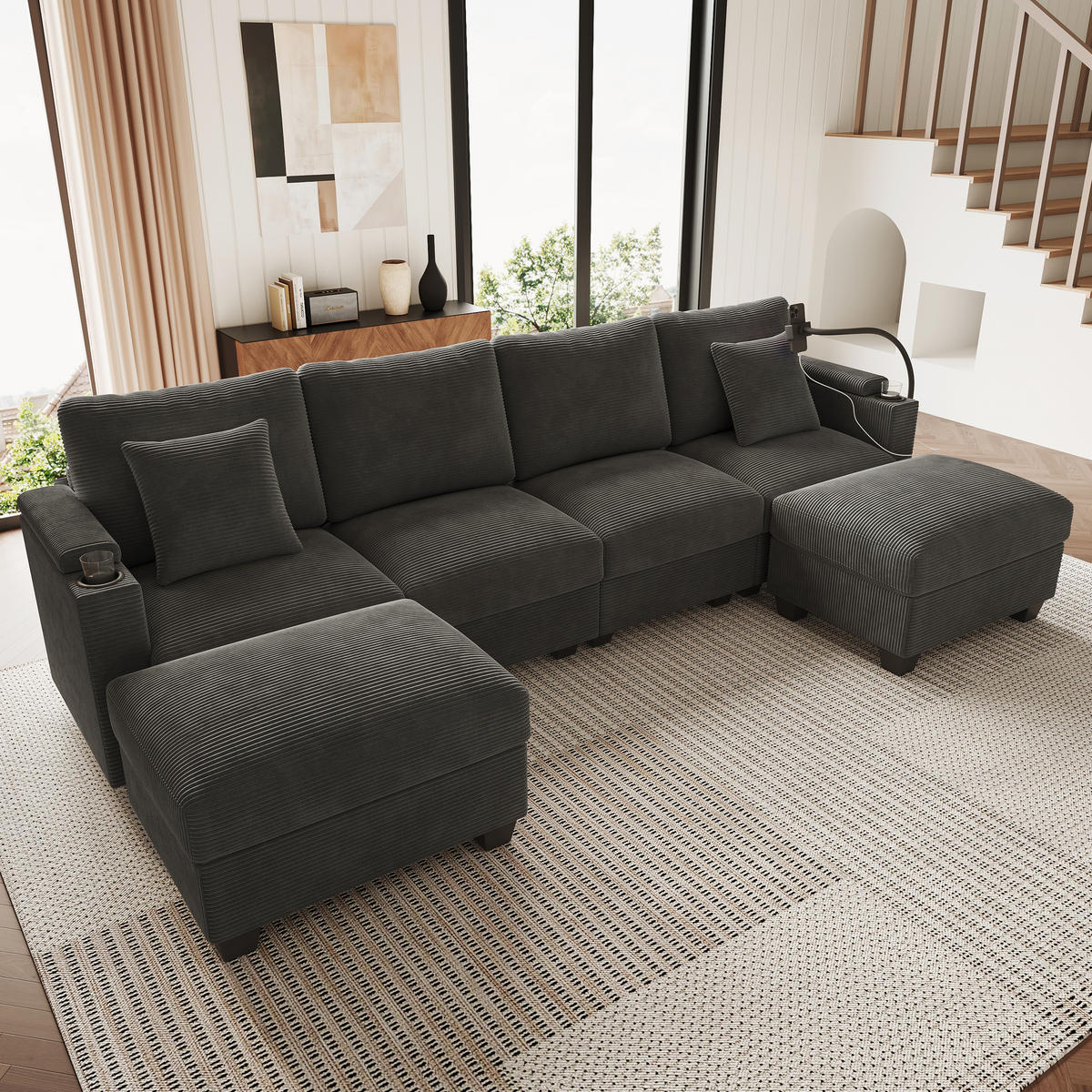 WOHNLANDSCHAFT 275.5/139/87 cm Grau mit Schlaffunktion, Handyhalter und USB-Ladeanschluss - Grau, Textil (275.5/87/139cm) - Oxeza