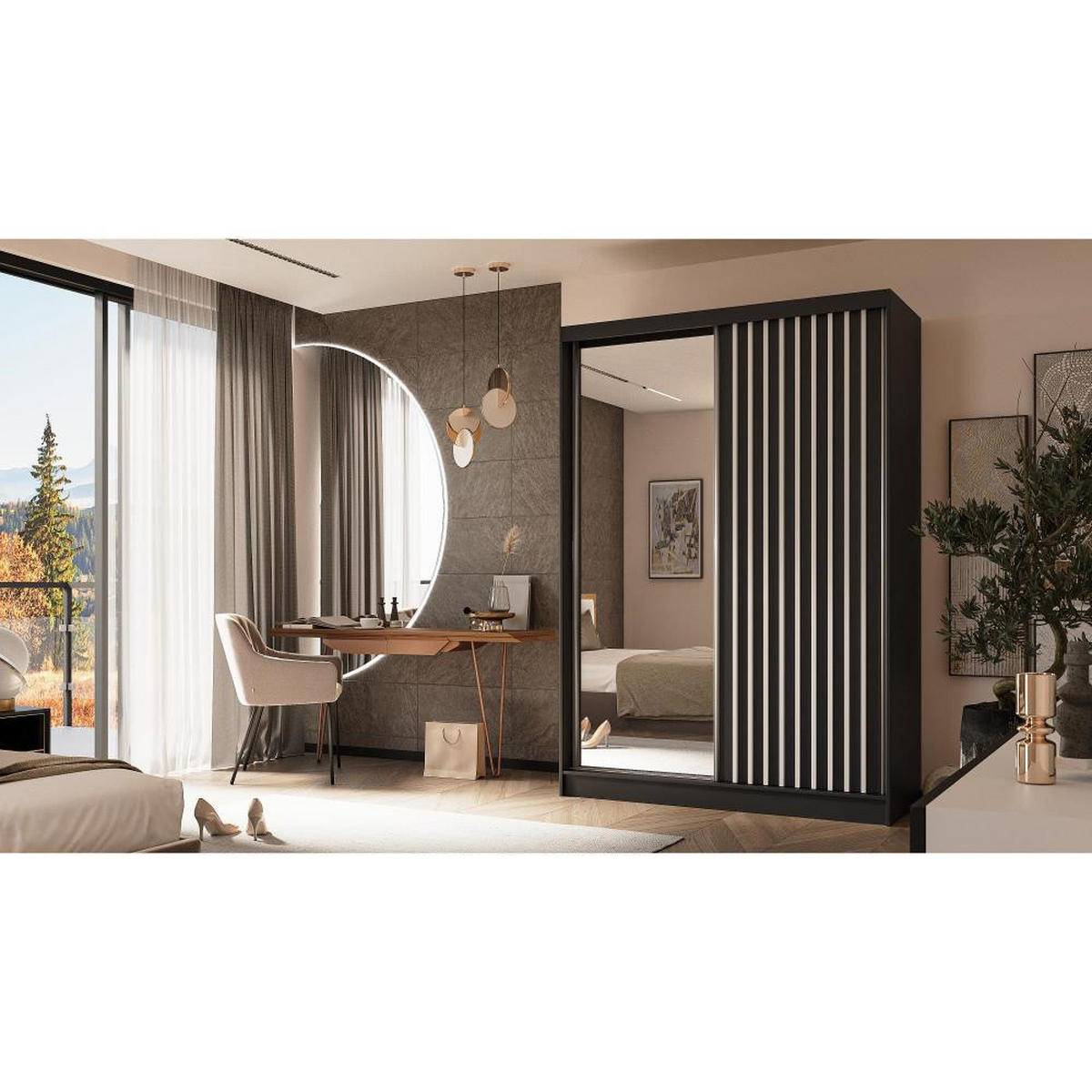 SCHWEBETÜRENSCHRANK Helix 150/216/61 schwarz+weiß mit Schubladeneinsätze - Schwarz/Weiß, Holzwerkstoff (150/216/61cm) - Beautysofa