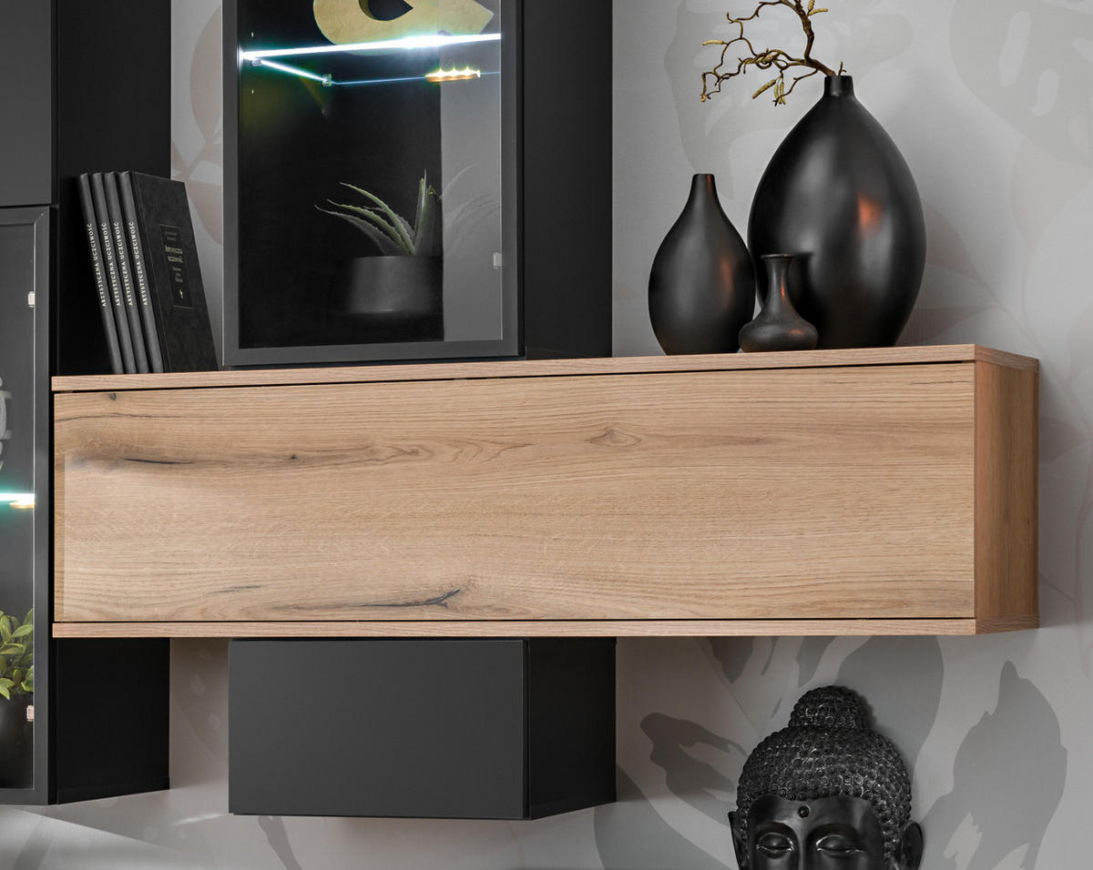 WOHNWAND Eiche, schwarz 280 cm, Schrankwand mit Push-to-Open inklusive Beleuchtung - Eichefarben/Schwarz, Glas/Holzwerkstoff (280/180/45cm) - Furn.Design