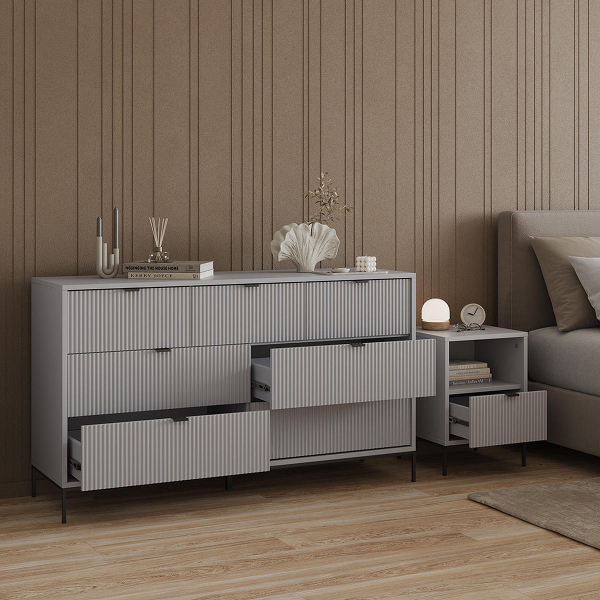 SIDEBOARD Aterno Grau 42 x 81 cm mit 7 Schubladen - Grau, Holzwerkstoff (42/81/140cm) - Livinity®