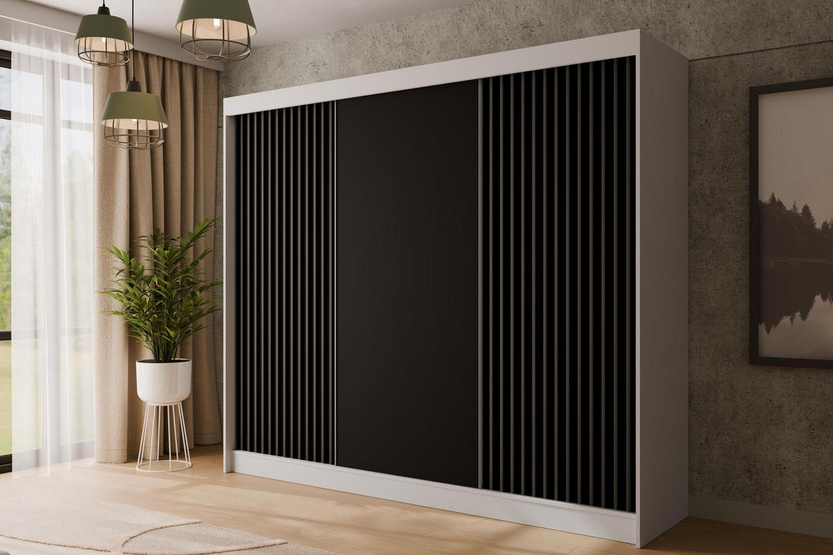 KLEIDERSCHRANK mit Lamel-Schiebetüren VILANv2 - 250 cm Weiß + Lamelle schwarz - Schwarz/Weiß, Holzwerkstoff (250/215/61cm) - ALTDECOR