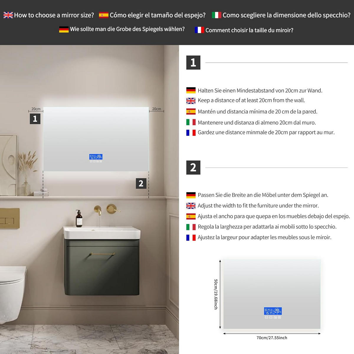 BADEZIMMERSPIEGEL mit LED, Rechteck 50 x 70 cm, Anti-Beschlag, Temperaturanzeige und 3 Anpassbare Helligkeit - Transparent, Glas (70/4/50cm)