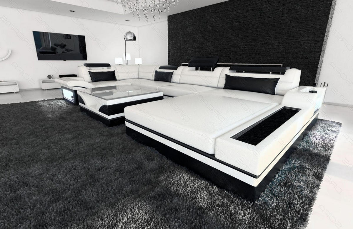 SOFA Mezzo U Weiß Schwarz Kunstleder - Weiß, Textil (372/78/214cm)