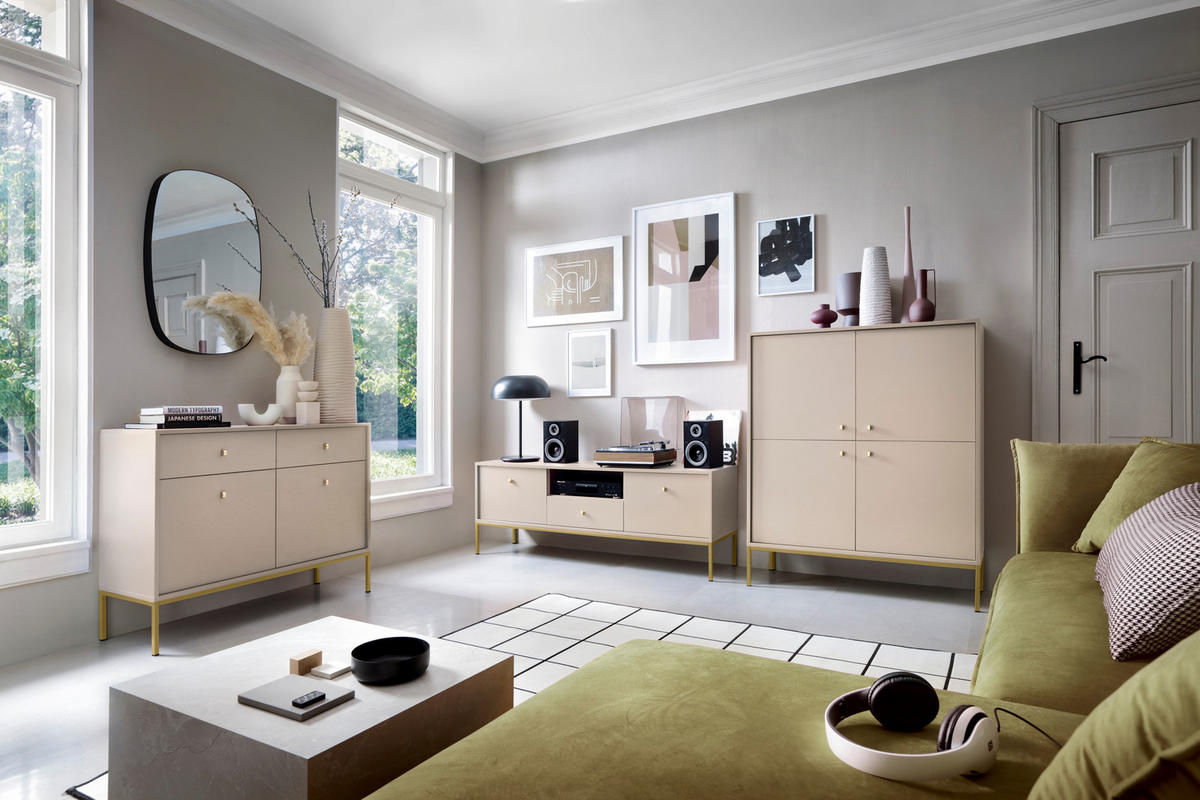 TV-SCHRANK Molly Beige, Goldene Beine, TV-Tisch mit Schublade - Beige/Goldfarben, Holzwerkstoff/Metall (154/56/39cm) - Bettso