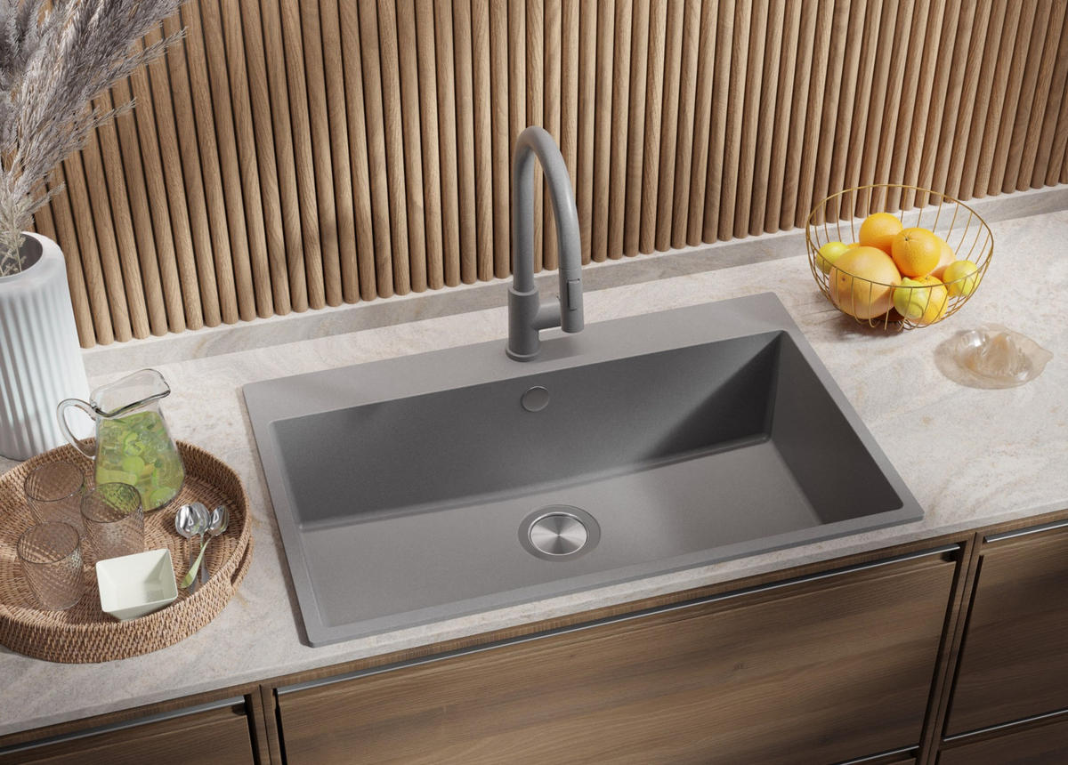 GRANITSPÜLE Riga, 2-er set Grau 78/50 cm 1 Becken + Küchenarmatur 32/20 cm + Ablauf-Set ab 80er Unterschrank - Chromfarben/Grau, Kunststoff (78/20/50cm) - Primagran