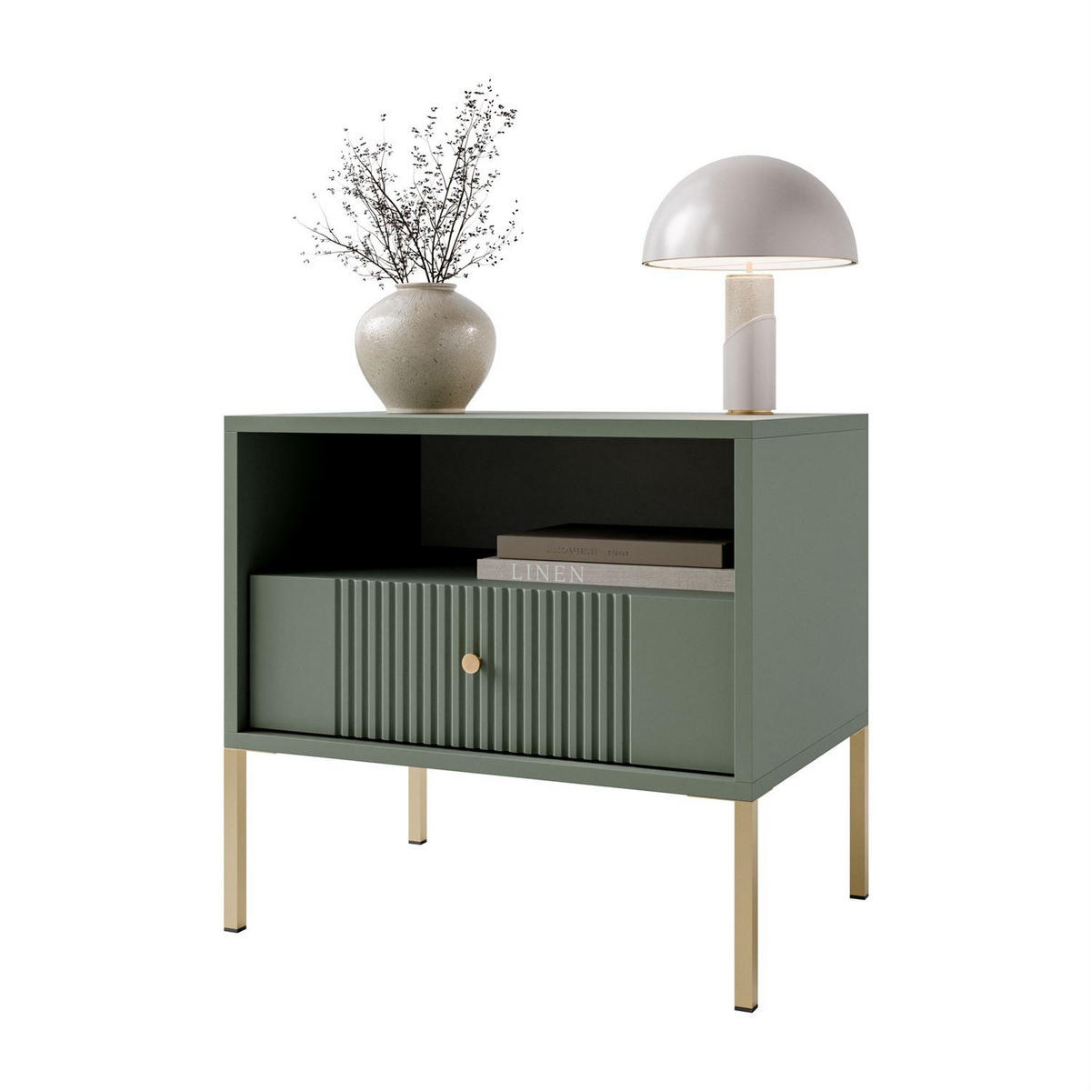NACHTTISCH VIVALDI mit geriffelter Front - Grün, Holzwerkstoff (54/51/39cm) - Lookway