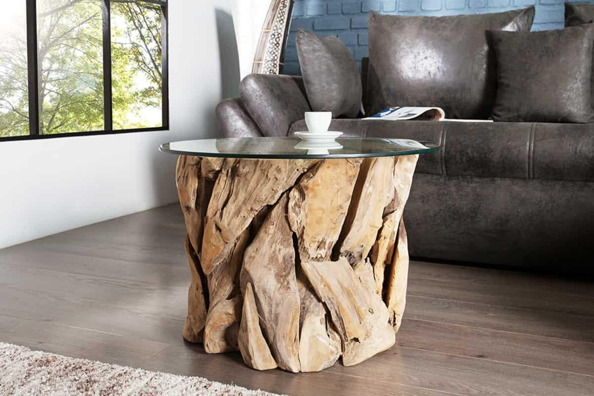 COUCHTISCH RIVERSIDE Teakholz rund Natur|Transparent 60cm - Transparent/Braun, Glas/Holz (60/60/40cm) - riess-ambiente