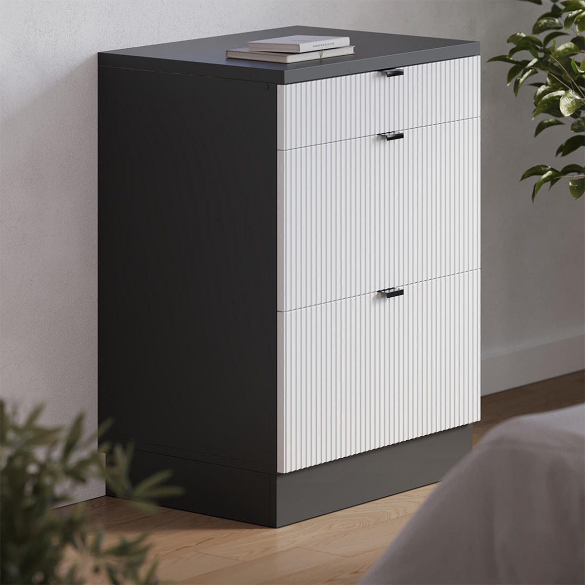 KUHINJSKA OMARA ZA POŠEVNE STREHE R-Line, Belo valovanje, 60 cm brez naklona z 3 predaloma - bela/antracit, leseni material (60/83.8/46cm) - Vicco