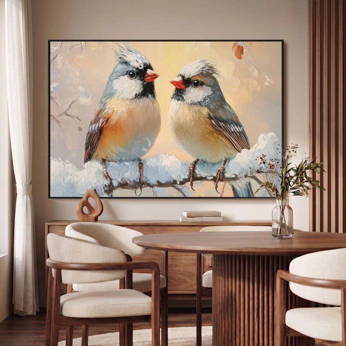 LEINWAND Bilder mit Rahmen - Vögel - Zweig - Winter - Schnee - 120x80 - Pastellblau, Textil (120/80cm) - MuchoWow