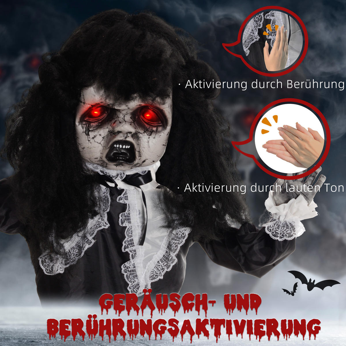 HALLOWEEN DECORATIONS 160cm Dekoration Geisterpuppe, Soundfunktion - Schwarz, Kunststoff/Metall (65/160/15cm) - HOMCOM