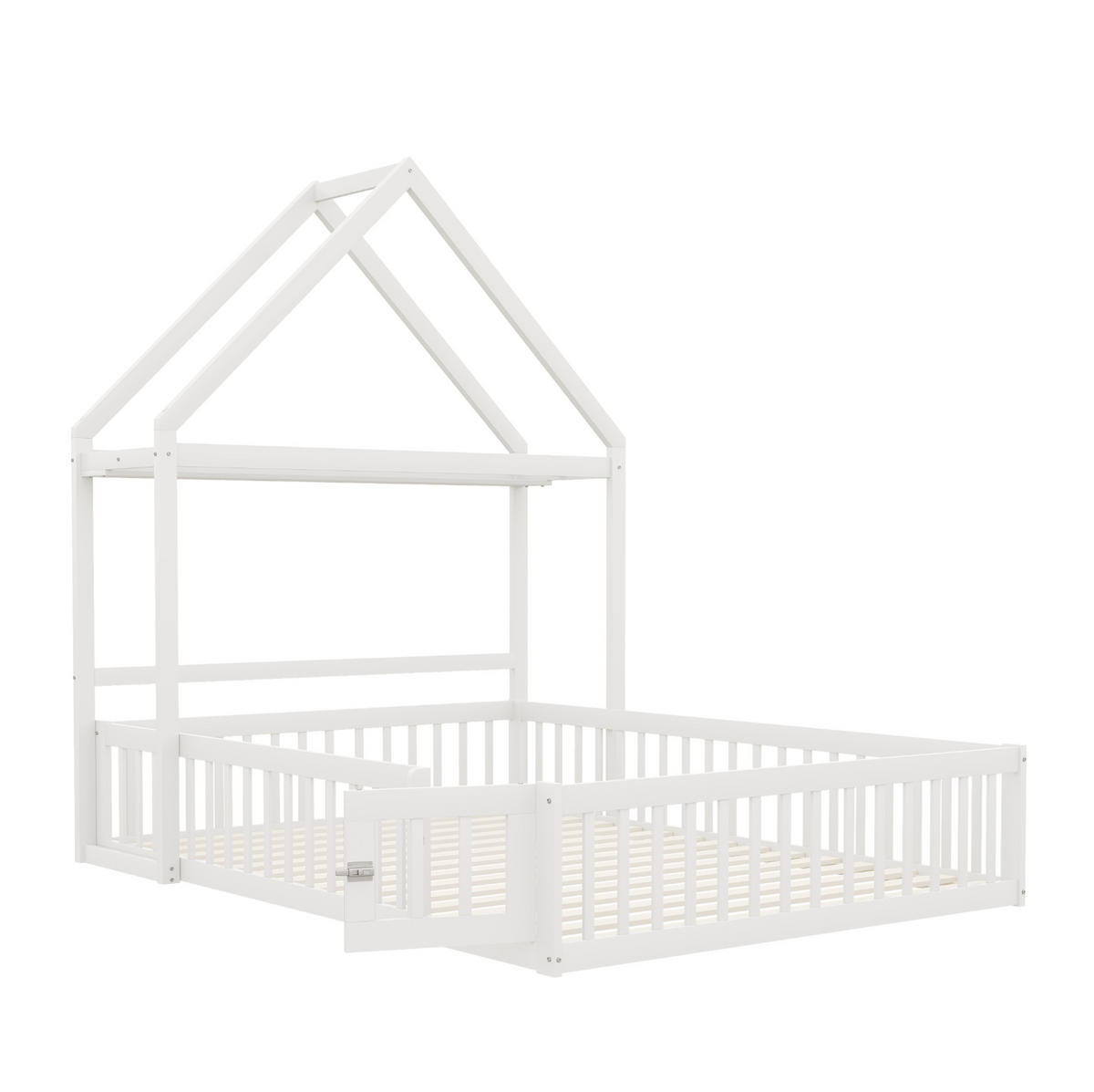 KINDERBETT aus Massivholz 140x200 cm in Weiß mit Dach & Stauraum - Weiß, Holz (140/200cm) - Modfu