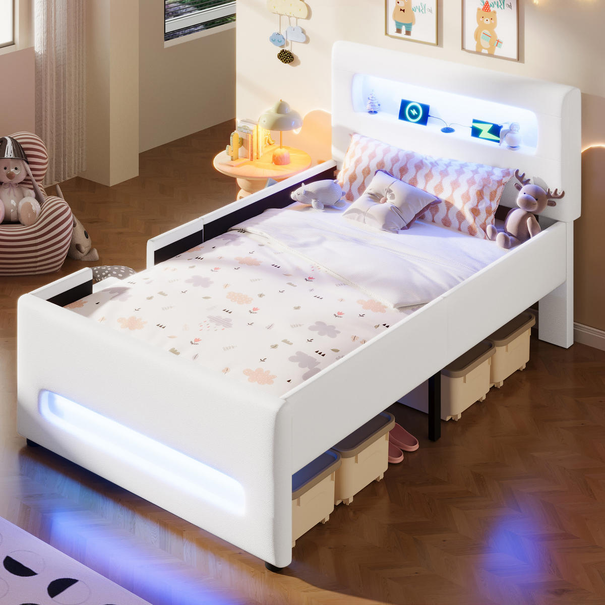 POLSTERBETT 90/200 cm in Weiß mit Treppe, 1 Schublade, LED und USB - Weiß, Holzwerkstoff/Textil (90/200cm) - WISHDOR