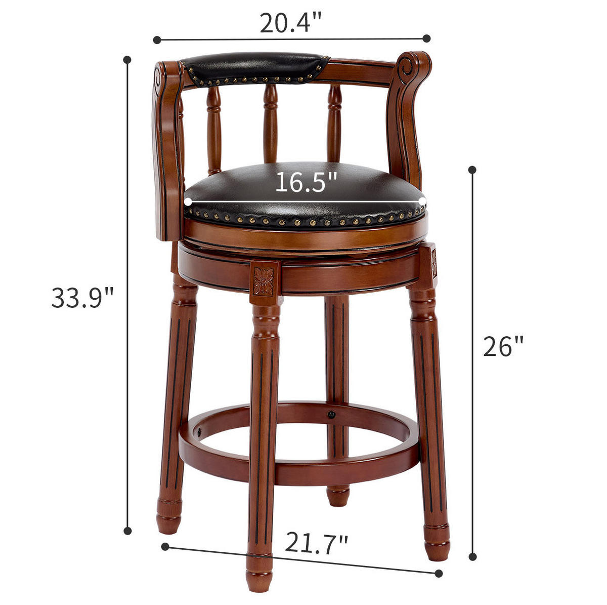 BARHOCKER drehbar Sitzhöhe ca. 66 cm Holz Genuine Leather Black - Schwarz, Holz (54.8/96/54.8cm) - Meubliv