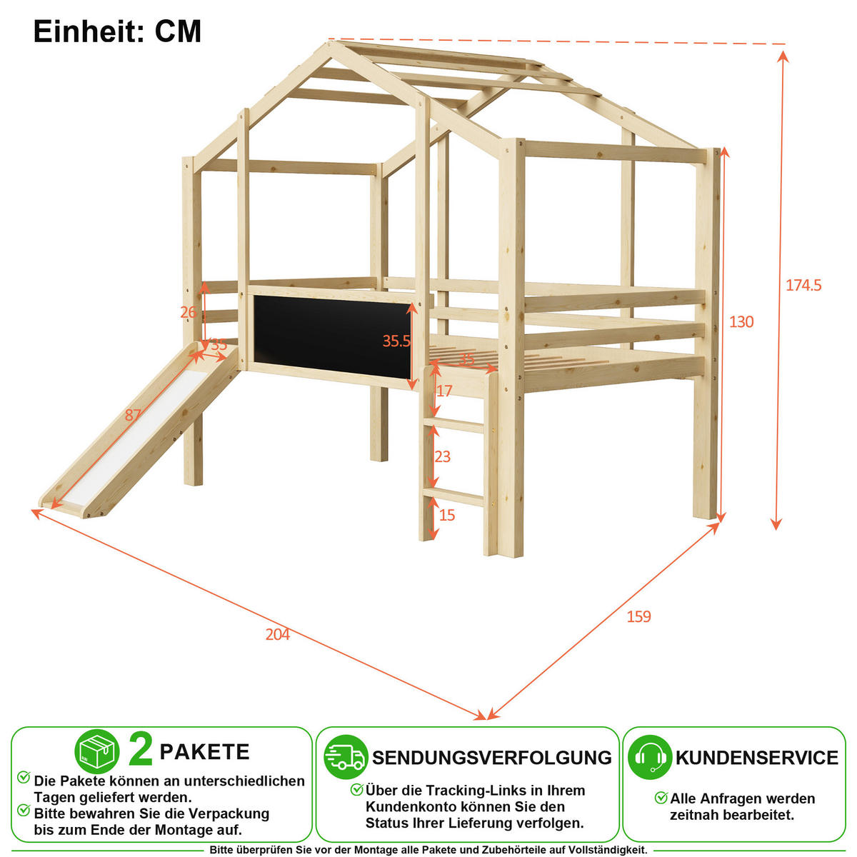 HOCHBETT 90/200 cm in Natur mit Rutsche, Tafel und Hausdach aus Massivholz - Naturfarben, Holz/Holzwerkstoff (90/200cm) - CHICFURN