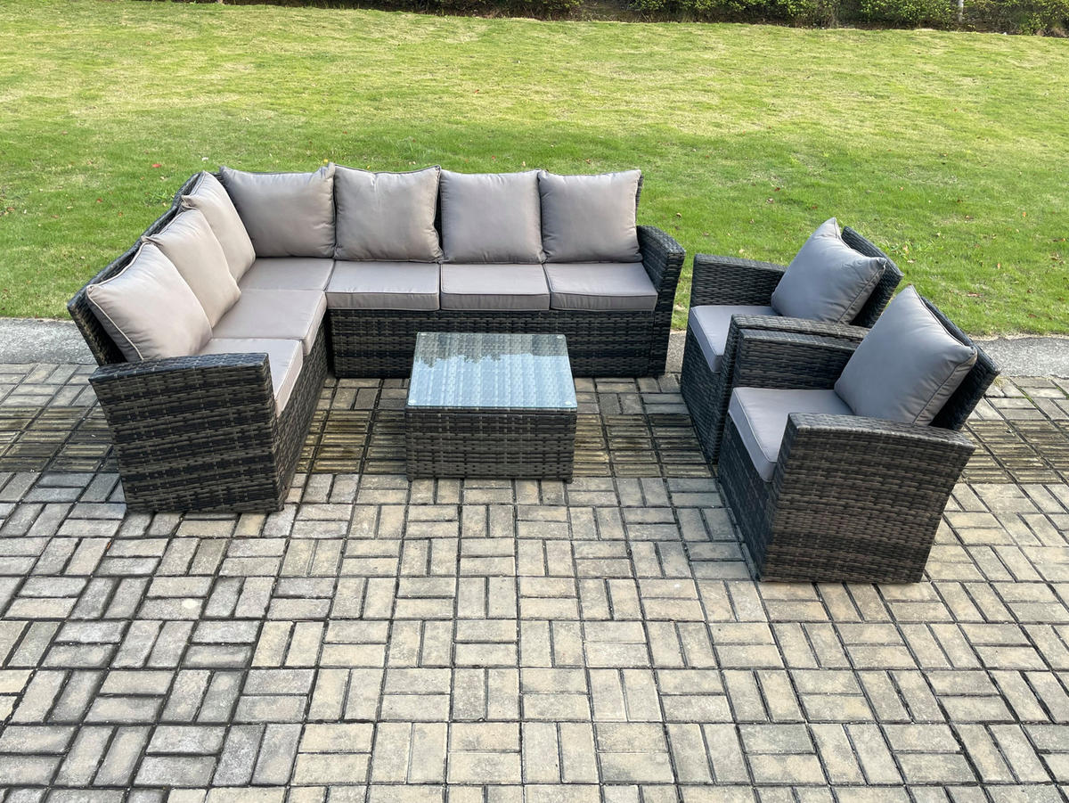 BALKONMÖBEL-SETS mit Ecksofa,Quadratischer Couchtisch,2 Sesseln Polyrattan Dunkelgrau 8-Sitzer - Dunkelgrau/Grau, Glas/Kunststoff - Fimous