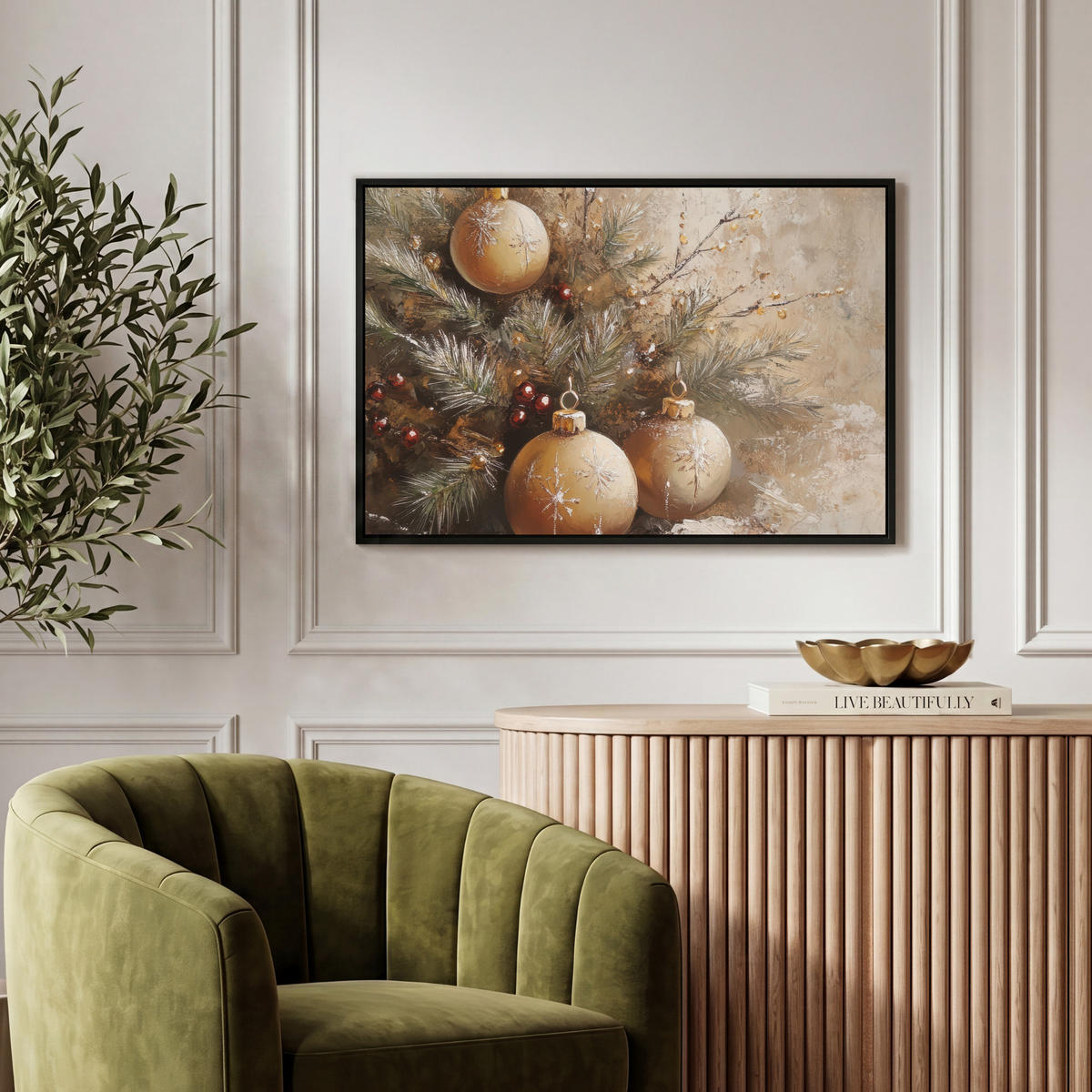 LEINWAND Bilder mit Rahmen - Weihnachten - Kugeln - Beige - Gold - 60x40 - Goldfarben, Textil (60/40cm) - MuchoWow