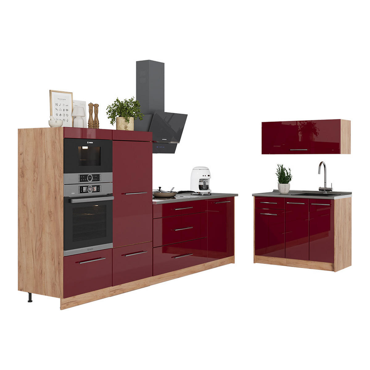 KUCHYŇA Fame-Line, Bordeaux vysoký lesk/Dub Goldkraft, 380 cm, AP Antracit - bordová/dub medový, kompozitné drevo (380/153.6/60cm) - Vicco