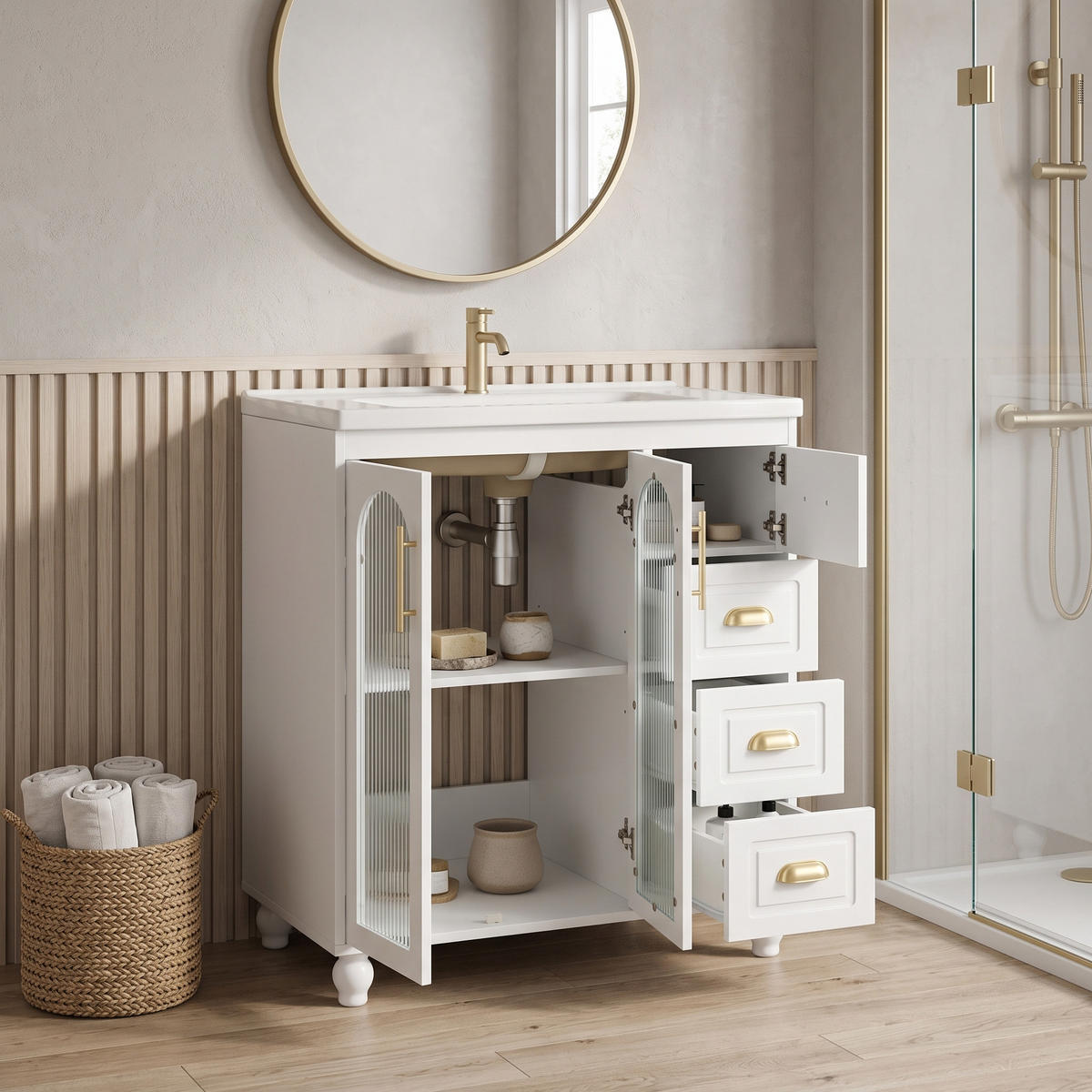 WASCHTISCH mit Unterschrank 80cm Keramikbecken Weiß - Weiß, Holzwerkstoff (80/90/47cm) - Urban Meuble