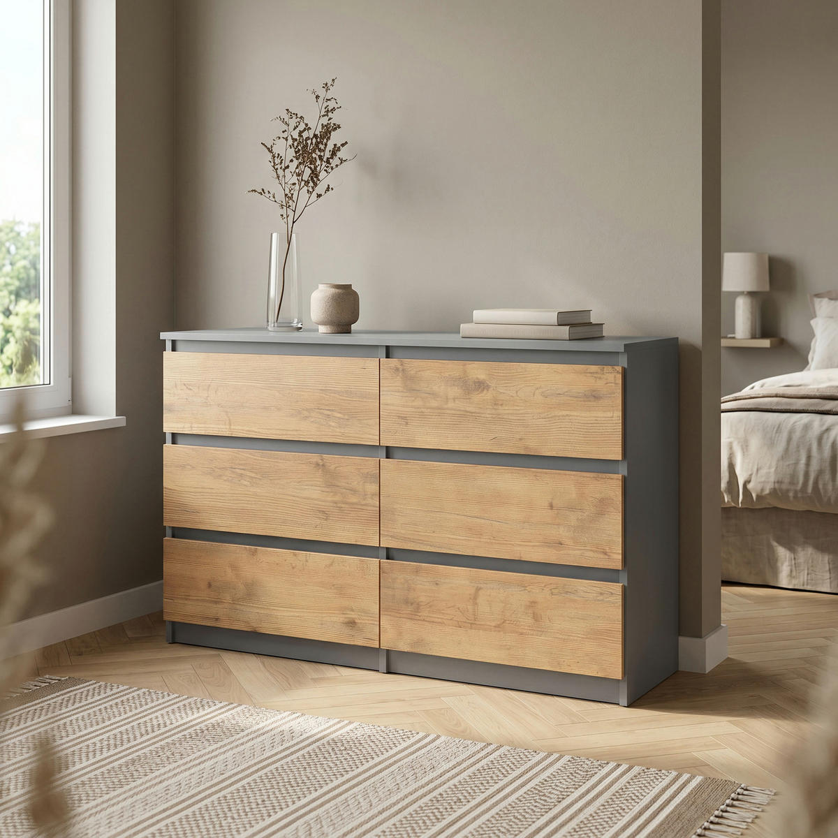 KOMMODE NUDO 138,5/78,5/39cm mit 6 Schubladen Türen Anthrazit - Eichefarben/Anthrazit, Holzwerkstoff (138.5/78.5/39cm) - MASSENO