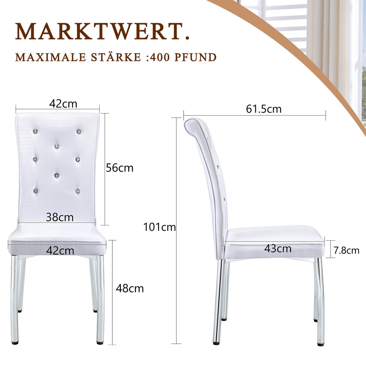 STUHL-SET DE-36775 4 Stück mit Krokodil-Prägung und Kristallknopf-Details Schwarz - Weiß, Metall (42/101/61.5cm) - ComfortXL