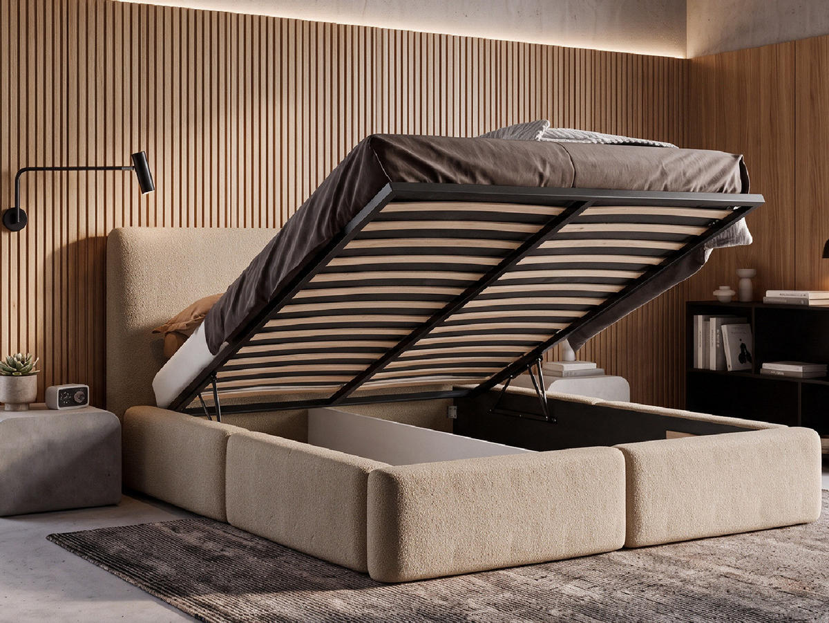 POLSTERBETT LIVIA 140x200 cm mit Bettkasten, Stauraum und Metall-Lattenrost – Bouclé Stoff Beige - Beige/Schwarz, Textil/Metall (140/200cm) - Luxkor24