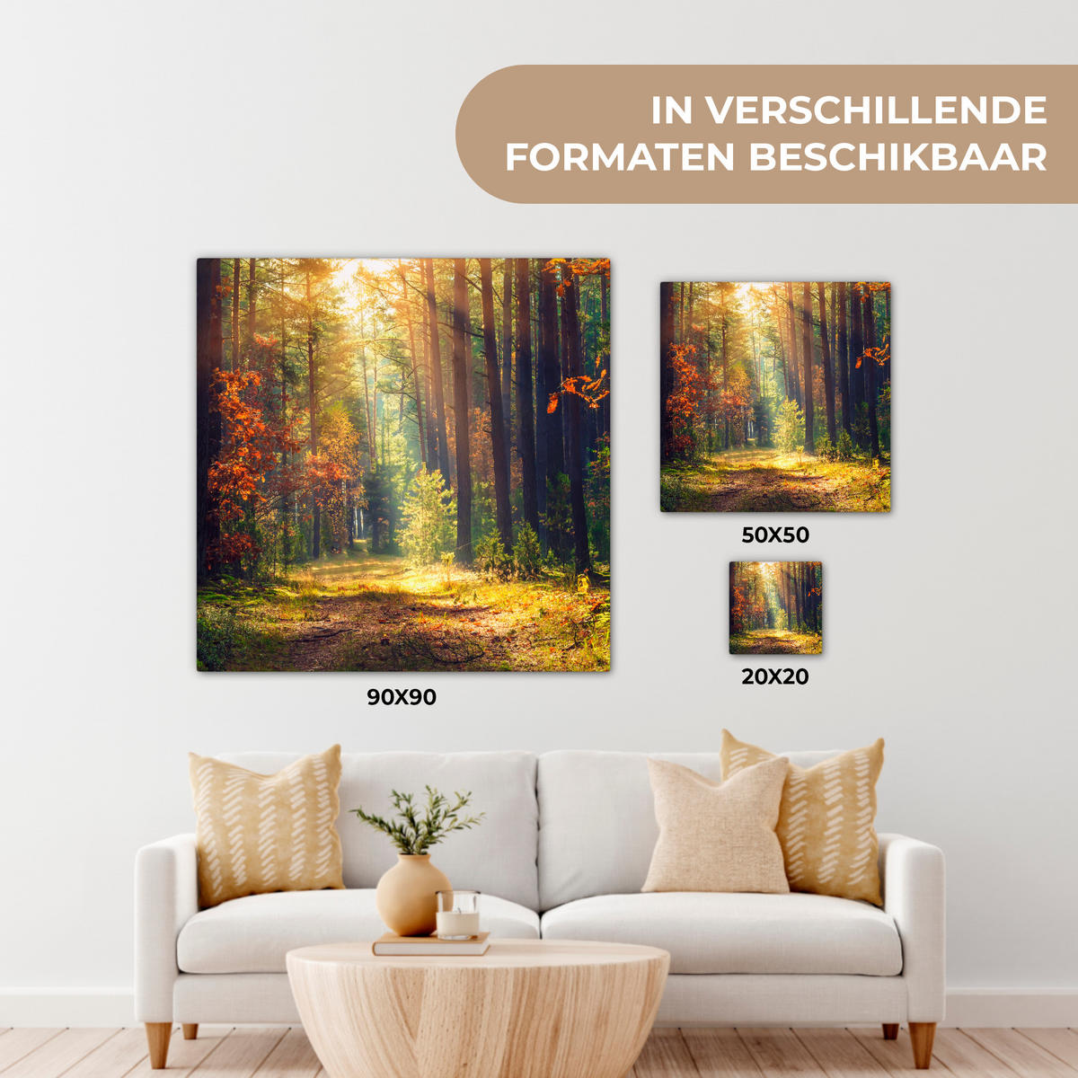 LEINWANDBILD Wald - Herbst - Bäume Deko Groß 90x90 cm - Dunkelgrün, Textil (90/90cm) - MuchoWow