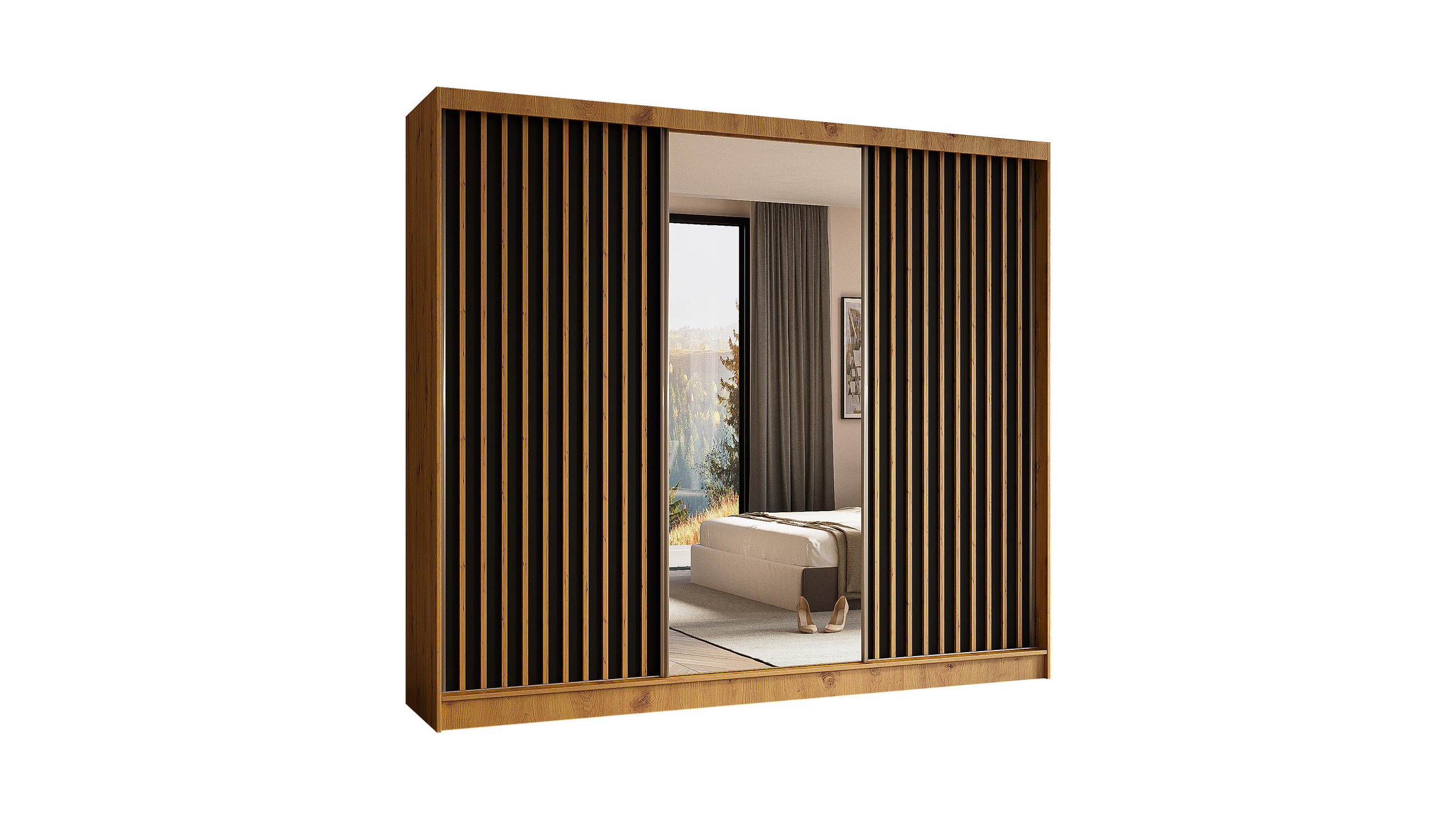 KLEIDERSCHRANK mit Spiegel-Schiebetüren und Aluminium-Leisten - LAMELO - 240 cm Artisan+Schwarz+Artisan - Braun, Holzwerkstoff (240/216/61cm) - ALTDECOR
