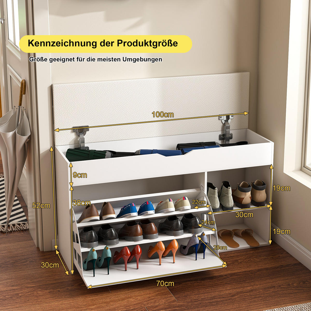 SCHUHBANK weiß & pu-leder, mit staufach & gepolsterter sitzfläche - Weiß, Holzwerkstoff (100/52/30cm) - Urban Meuble