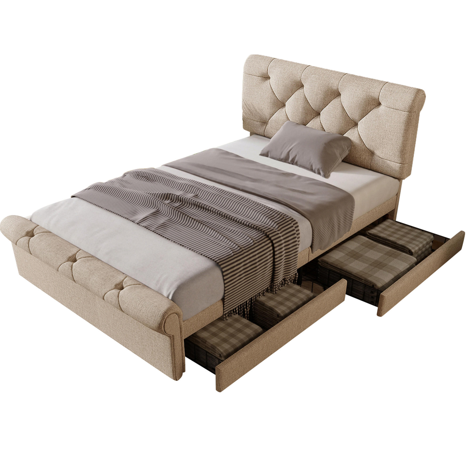 POLSTERBETT 90/200 cm Natur aus Metall und Holz mit 2 Schubladen - Naturfarben, Metall (90/200cm) - OKMYHOME