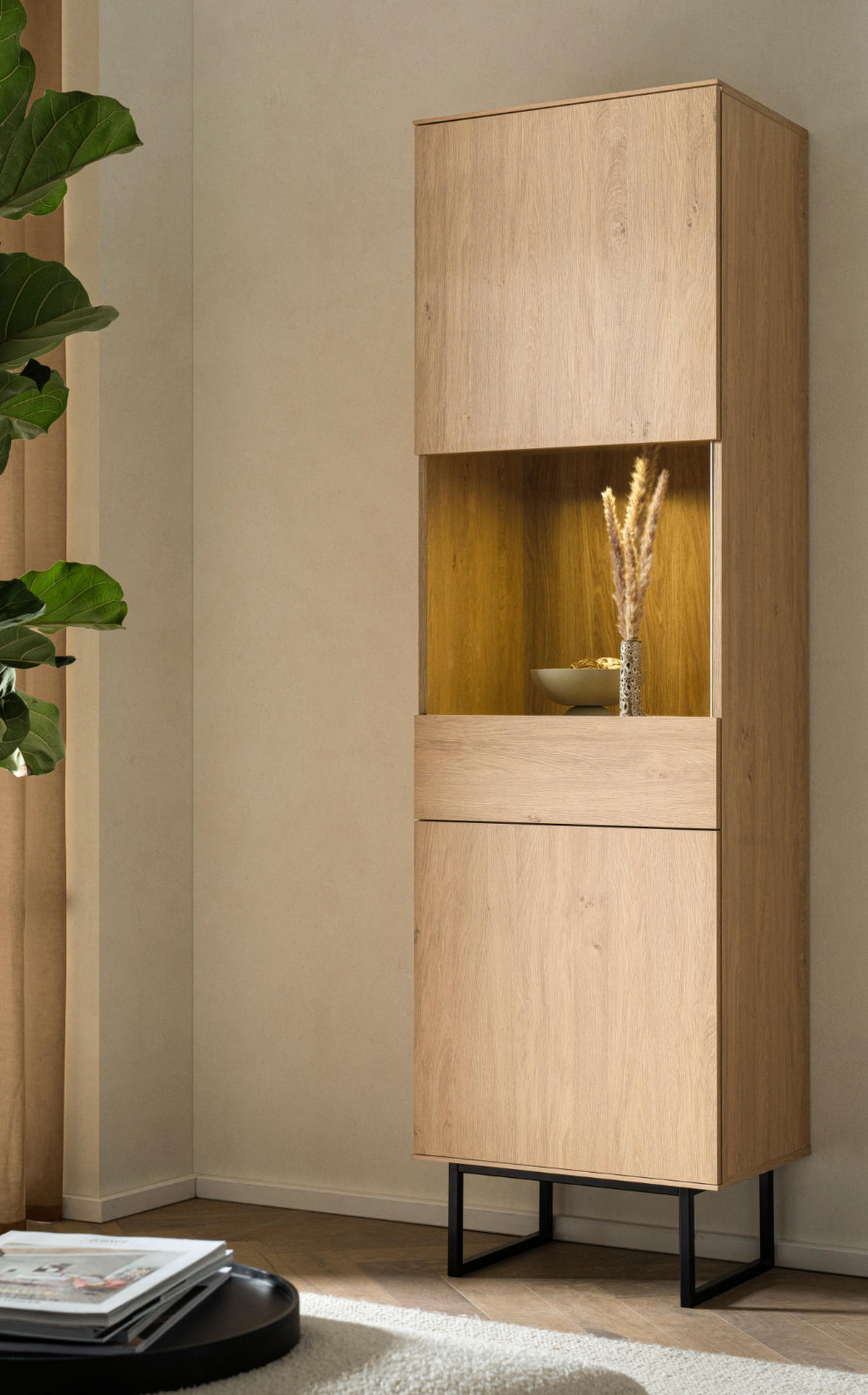 VITRINE Stone Eiche, Vitrinenschrank 58 x 200 cm, mit Push-to-Open - Eichefarben/Schwarz, Holzwerkstoff/Metall (58/200/40cm) - Furn.Design