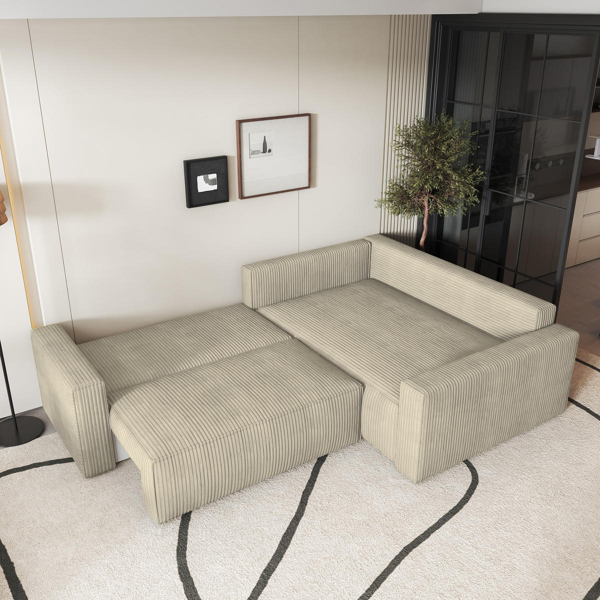 ECKSOFA ERONIS R-S Creme Kordstoff mit Schlaffunktion - Creme, Holz (265/194cm) - MASSENO