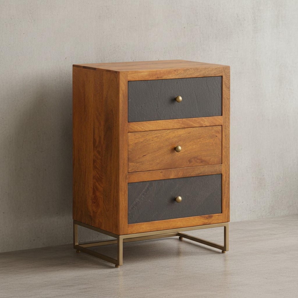 NACHTTISCH Massivholz Steinoptik 3 Schubladen Metallgestell, Braun 40x30x60 cm - Goldfarben/Braun, Holz/Metall (40/60/30cm) - KADIMA DESIGN