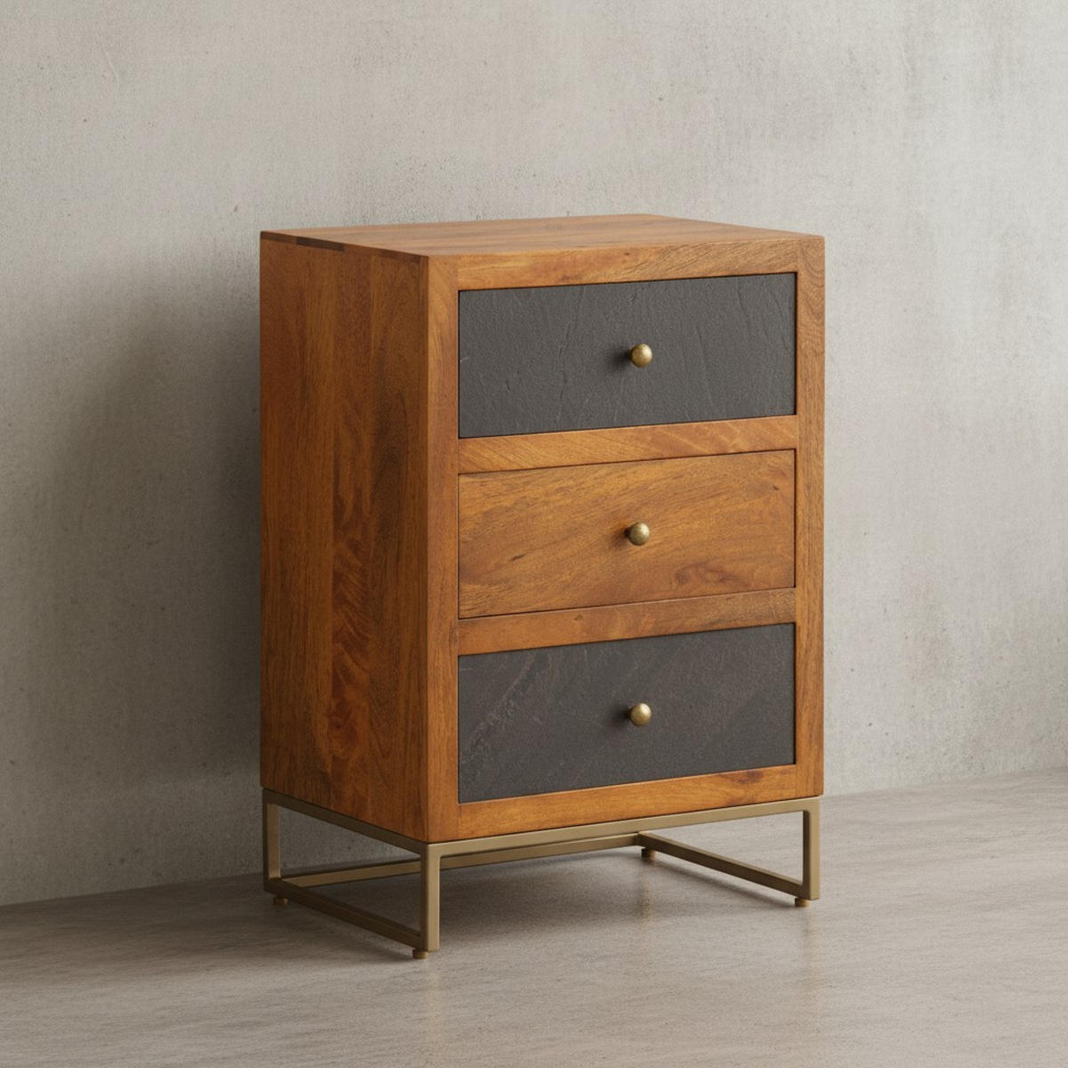 NACHTTISCH Massivholz Steinoptik 3 Schubladen Metallgestell, Braun 40x30x60 cm - Goldfarben/Braun, Holz/Metall (40/60/30cm) - KADIMA DESIGN