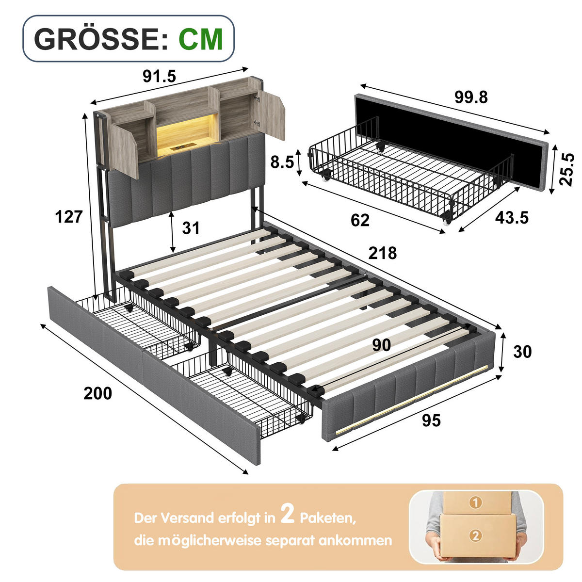 POLSTERBETT 90x200 cm in Grau mit Schubladen,Stauraum Kopfteil & LED - Grau, Holz/Metall (90/200cm) - PARAFTA HOME