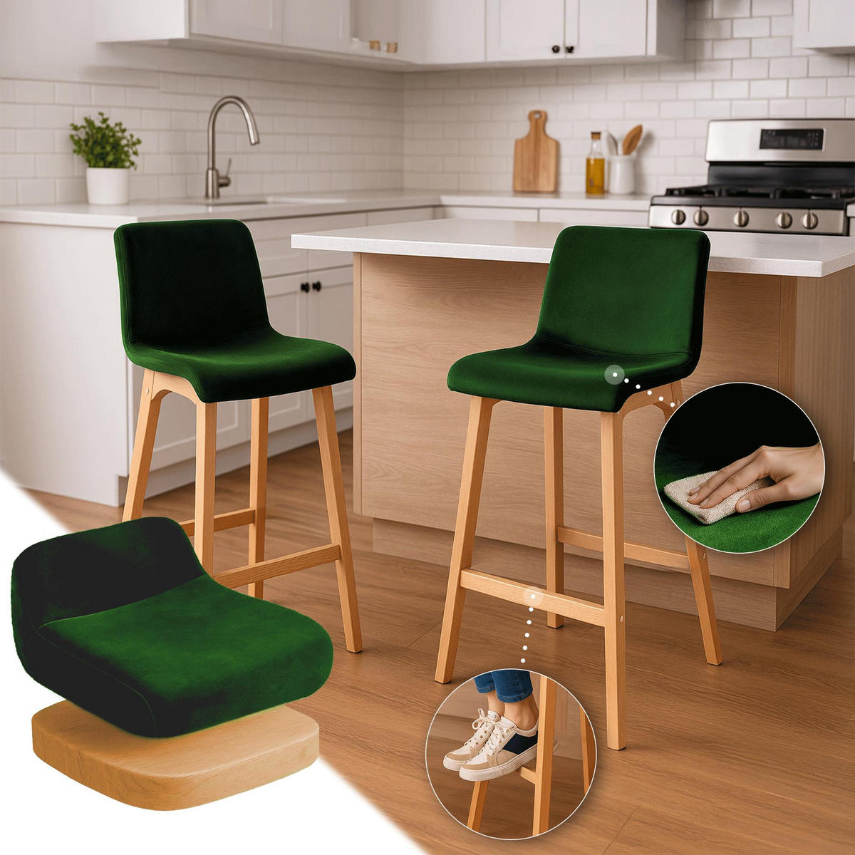 BARHOCKER Samt Grün - Eukalyptusholzfarben/Grün, Holz/Textil (41/101/46cm) - CLP