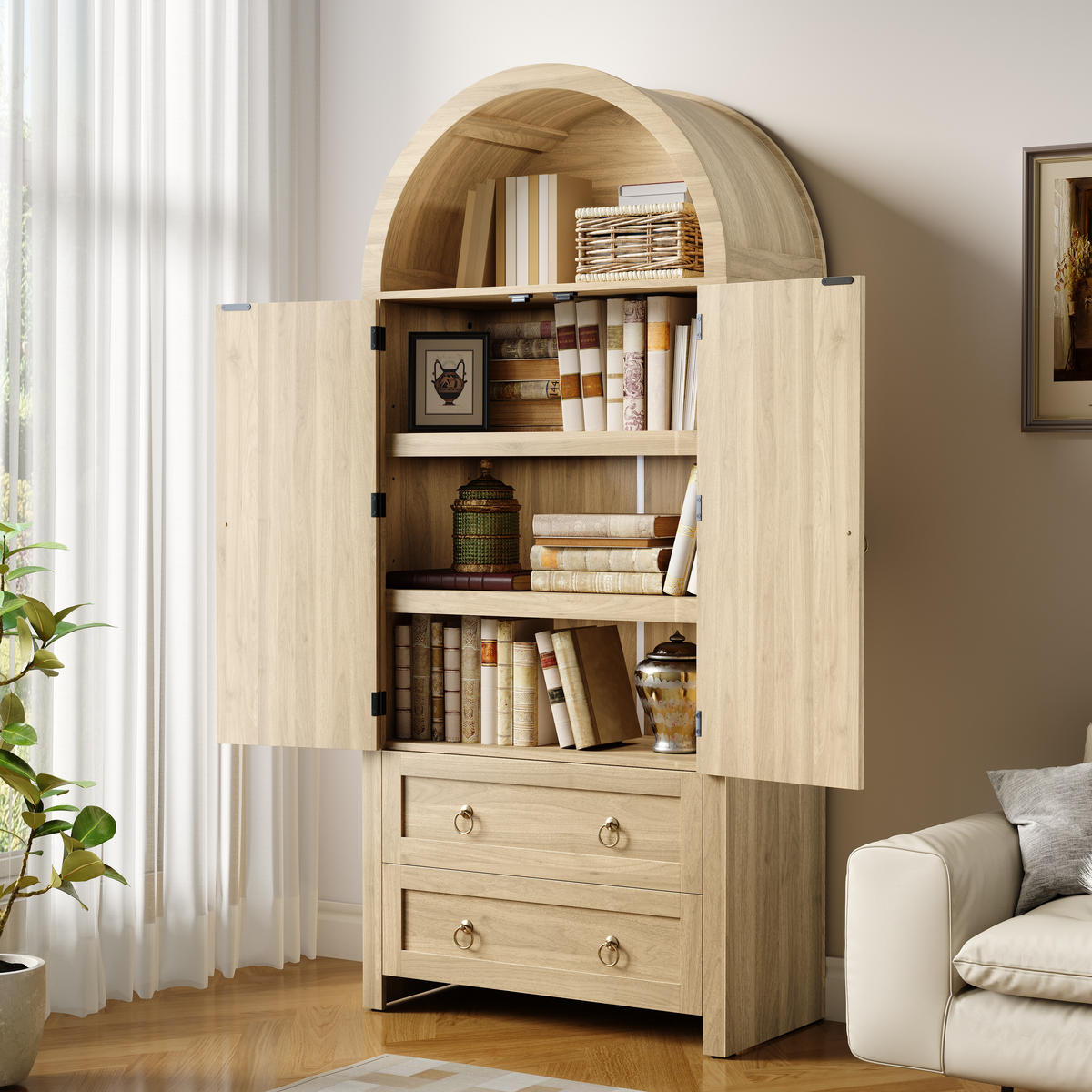 SIDEBOARD Rattan Bogen 2 Schubladen - Eichefarben, Holz (80/180/40cm) - Fortuna Lai