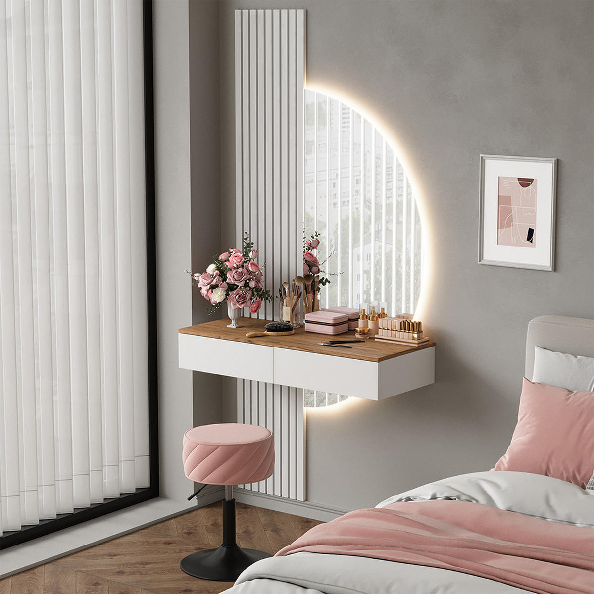 SCHMINKTISCH Melina Weiß/Eiche 100 cm mit LED-Spiegel - Weiß, Holzwerkstoff (100/205/40cm) - Vicco