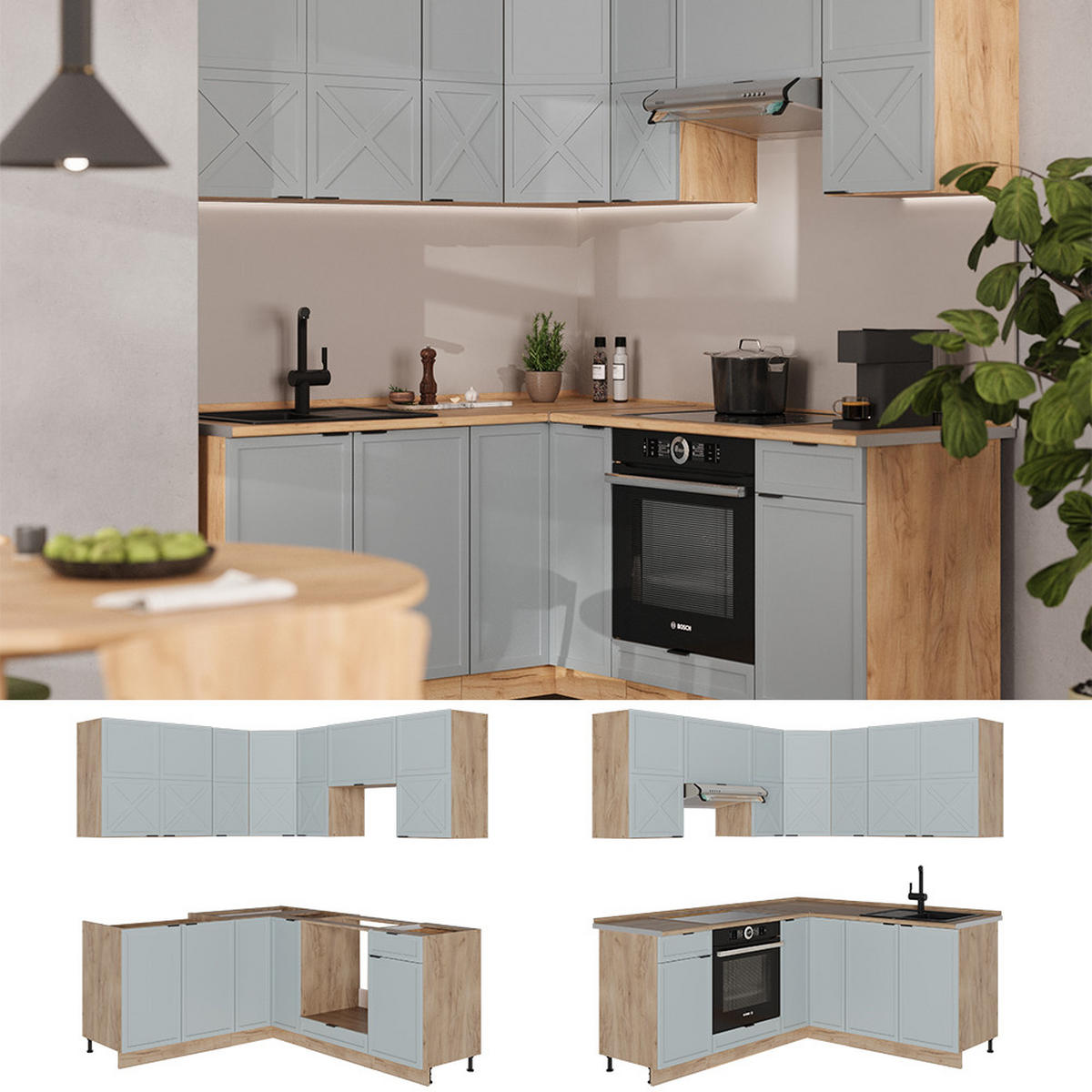 ECKKÜCHE Fame-Line Hellblau-grau/Goldkraft Eiche 160 x 60 cm ohne AP - Honigeiche/Blaugrau, Holzwerkstoff (190/81.6/46cm) - Vicco