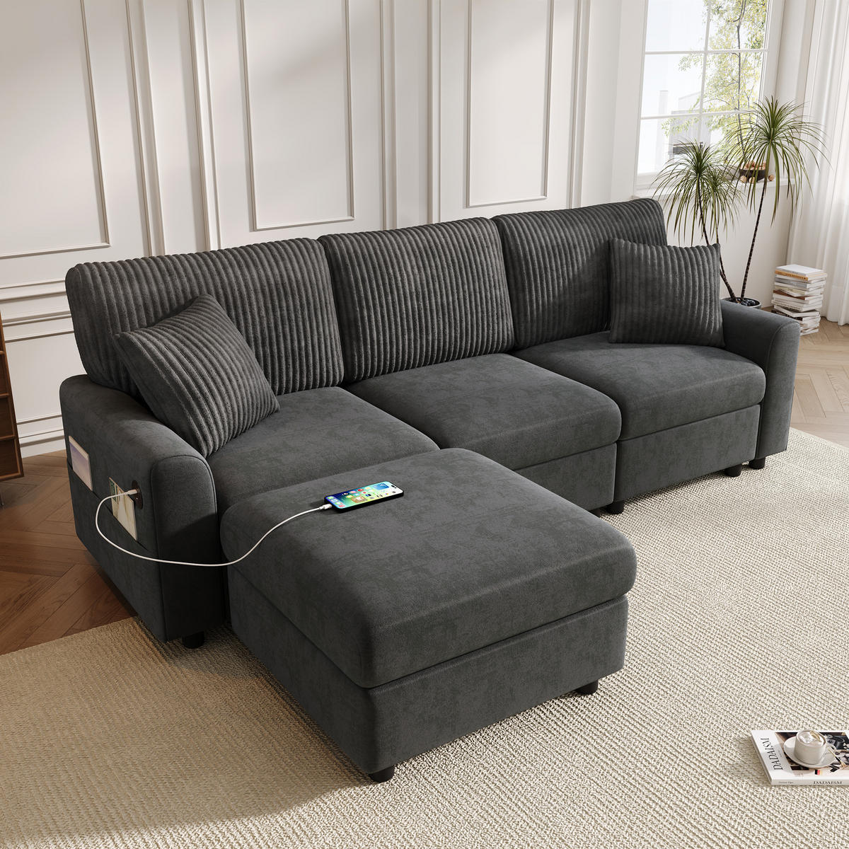 ECKSOFA 223/146/84 cm Schwarz mit 1 Fußhocker, 2 quadratischen Kissen, 1 USB-Anschluss und 1 Type-C-Anschluss - Schwarz, Textil (146/84/223cm) - Oxeza