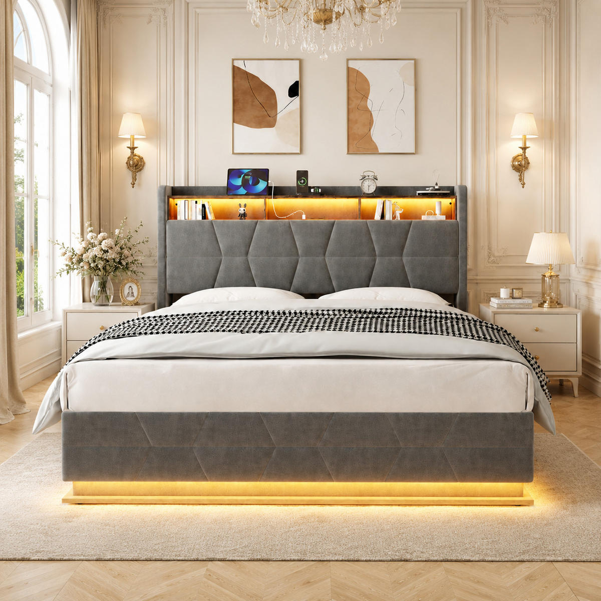 POLSTERBETT 140/190 cm in Dunkelgrau mit Regal, LED und USB/Type-C Samt - Dunkelgrau, Holzwerkstoff/Textil (140/190cm) - STILVORA