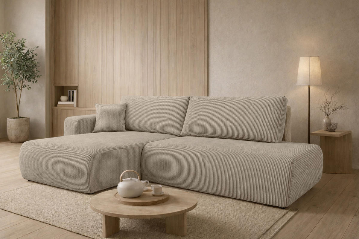 ECKSOFA Mit Schlaffunktion Und Bettkasten, Cordstoff Poso, Dunkelbeige, Links, OPEN XL - Beige, Holz (262/145cm) - Kaiser Möbel