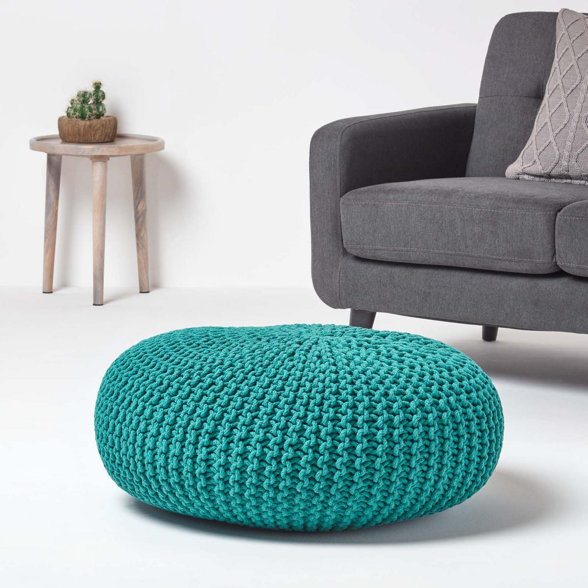 STRICK-POUF petrol-grün, Bodenkissen rund 70/70/23 cm - Grün, Textil (70/23/70cm) - Homescapes