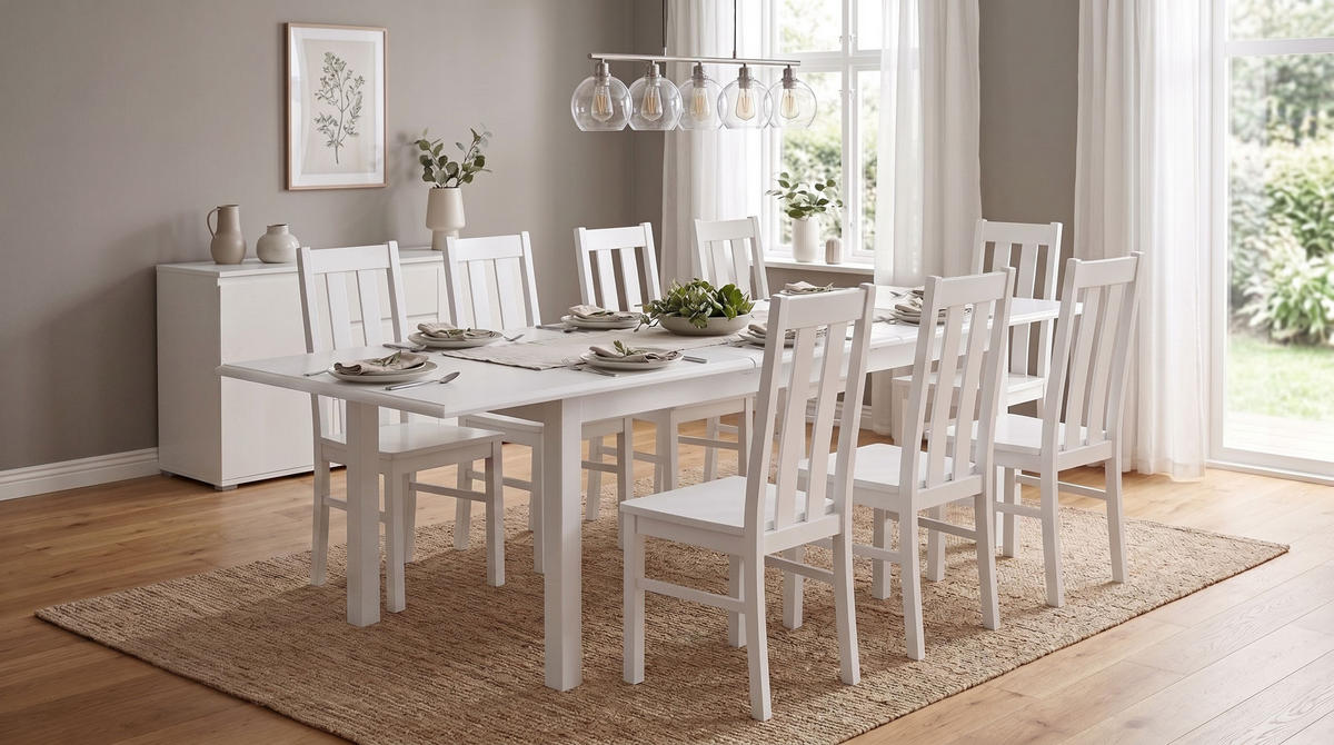 ESSZIMMER-SET Belluno Elegante 9-tlg Kiefer Weiß 150-197 / 93 / 96cm - Weiß, Holz (197/96/93cm) - Feldmann-Wohnen