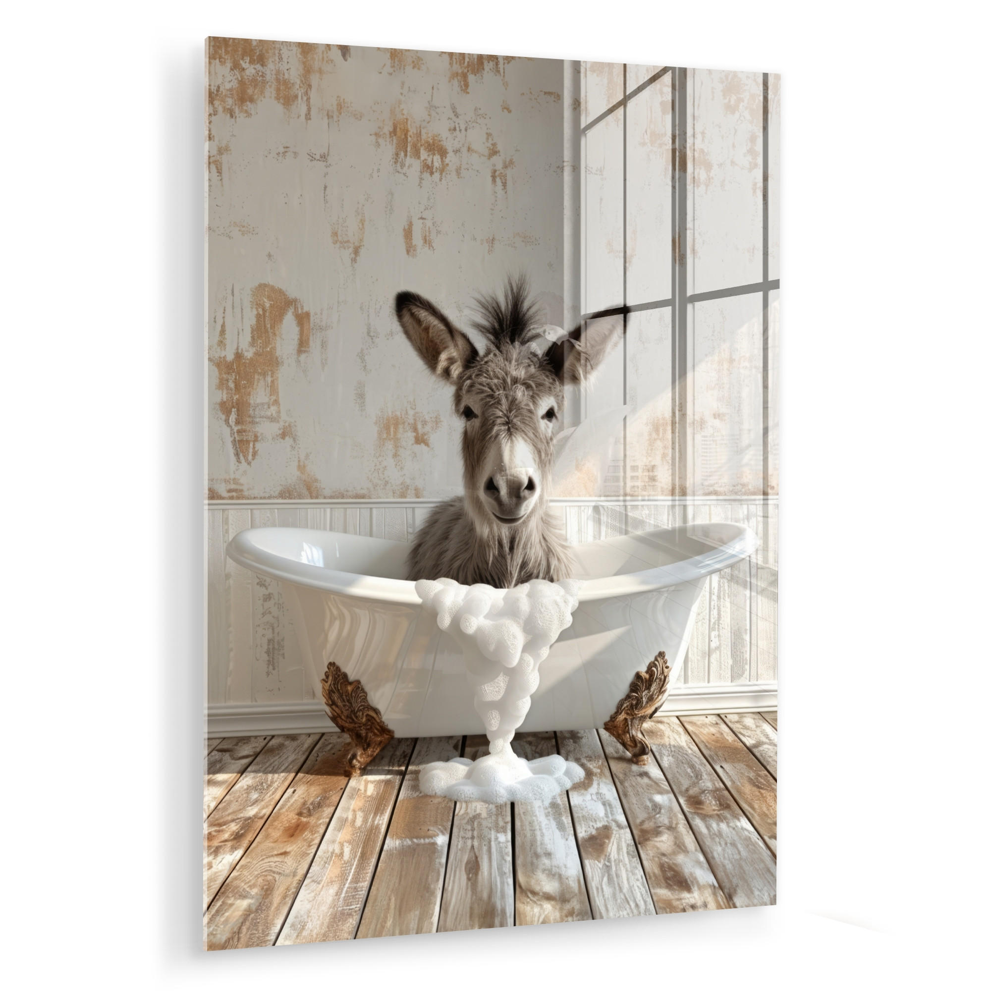 ACRYLGLASBILD Esel - Tiere - Badewanne - Schaumstoff 60x80 cm - Weiß, Glas (60/80cm) - MuchoWow