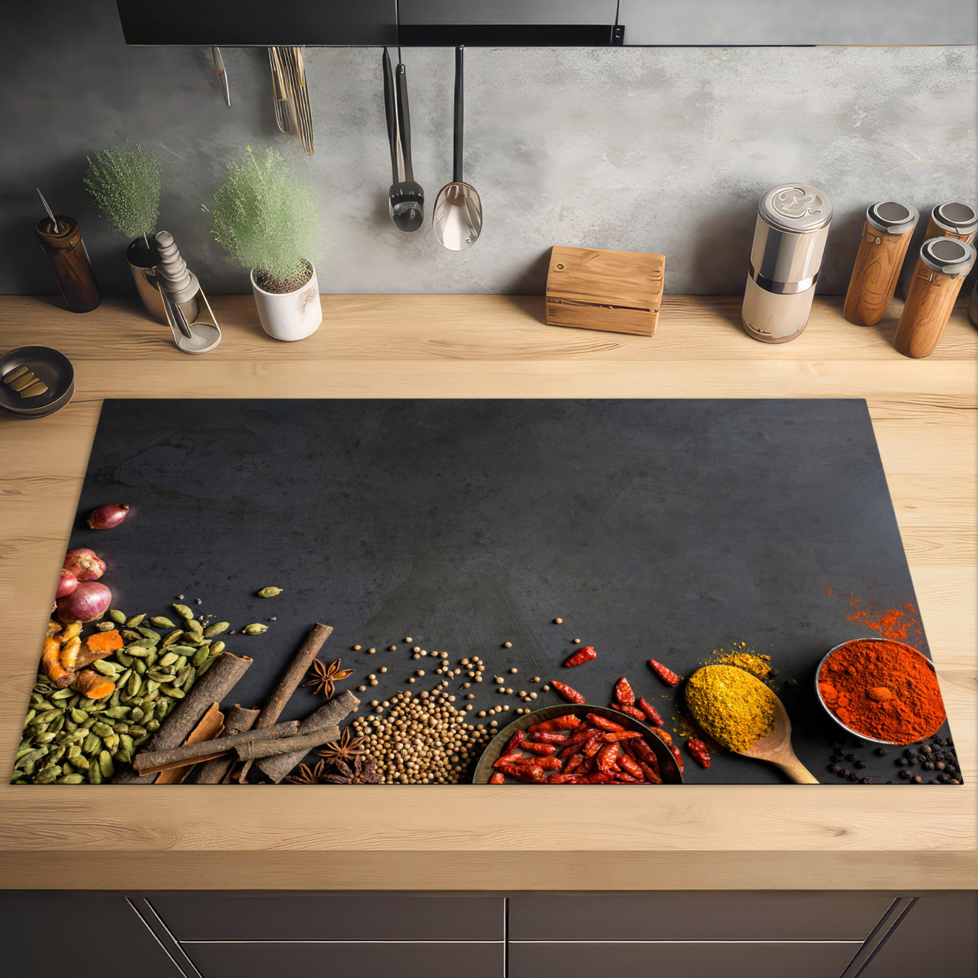 HERDABDECKPLATTE Kräuter - Lebensmittel - Gewürze - Schwarz - Paprika - Zimt 91x52 cm - Currygelb, Kunststoff (91.2/0.2/52cm) - MuchoWow