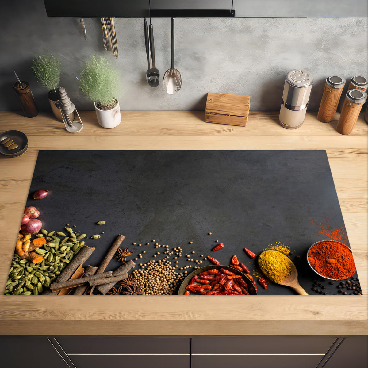 HERDABDECKPLATTE Kräuter - Lebensmittel - Gewürze - Schwarz - Paprika - Zimt 91x52 cm - Currygelb, Kunststoff (91.2/0.2/52cm) - MuchoWow