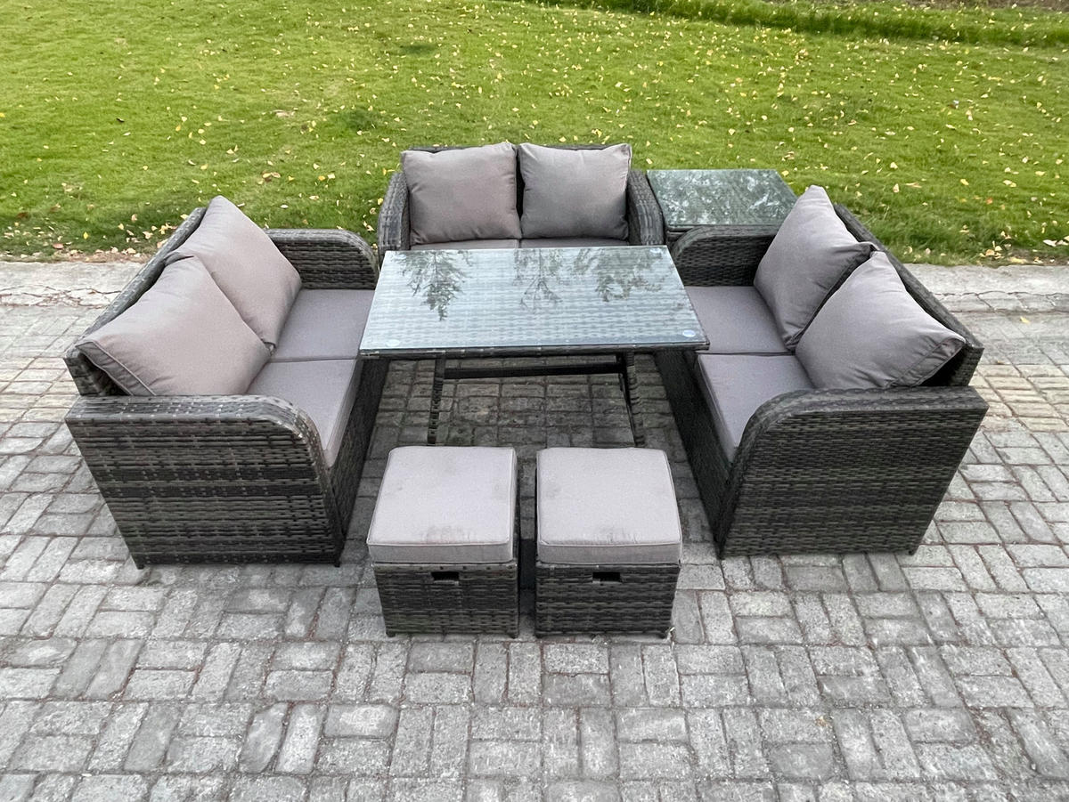 GARTENMÖBELSET mit ESSTISCH,SOFA Polyrattan 8-Sitzer - Dunkelgrau/Grau, Glas/Kunststoff - Fimous