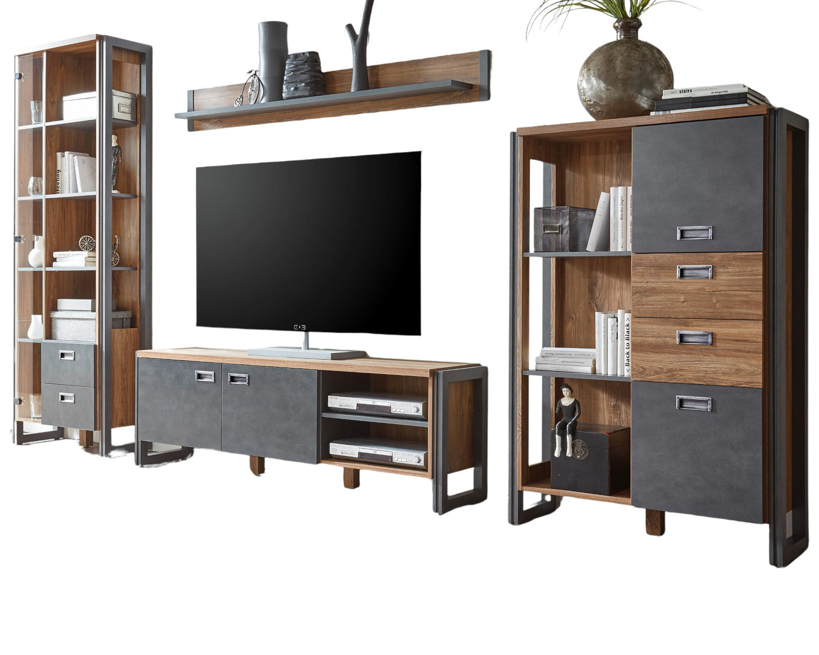 WOHNWAND Eiche Stirling, Matera grau, Schrankwand 4-teilig 336 x 202 cm - Eichefarben/Silberfarben, Holzwerkstoff/Metall (340/202/39cm) - Furn.Design